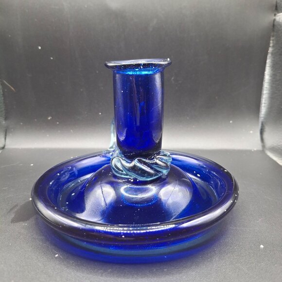 Blue Glass Artisan Candlestick  Whimsical Curved Handle Vintage Handblown Decor - Picture 2 of 8